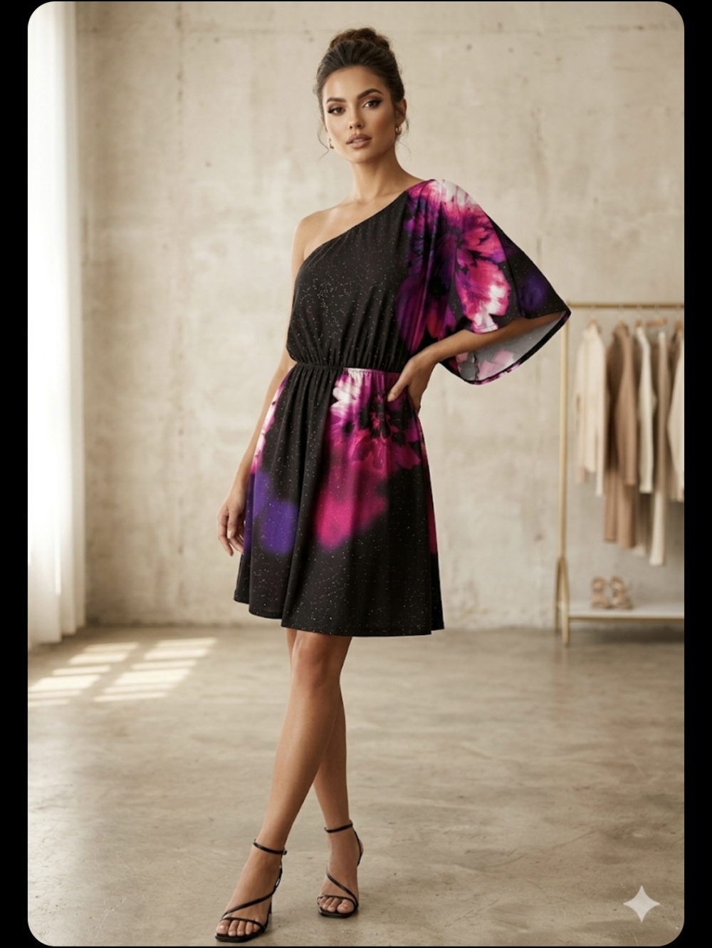 One-Shoulder Black Dress with Pink & Purple Floral Accents